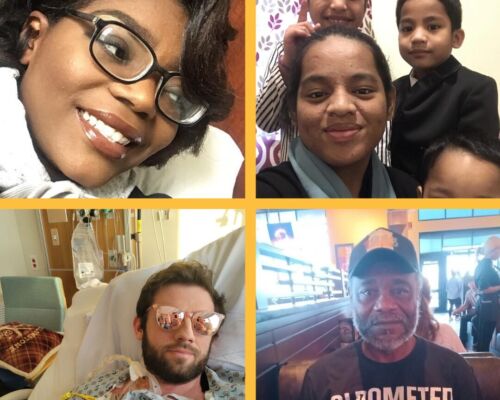 Four images of Help Hope Live fundraising clients who received a transplant in May 2024. Clockwise from top left, the first is Nia Johnson who has brown skin, brown hair styled in a wave, brown eyes, and black glasses. The second is Hemity Ami, who has brown skin, dark eyes, black hair pulled back, and three young children around her, all with brown skin and dark hair - one girl and two boys. The third is James Frank Davis, pictured seated in a restaurant booth with brown skin, a gray and black beard, dark eyes, a ball cap, and a humorous t-shirt that reads OLDOMETER. The fourth is Alex Stone, lying in a hospital bed wearing a hospital gown with tubes attached to his body. He has light skin, a dark beard, short brown hair, and mirrored amber sunglasses that reflect two loved ones in the room taking photos of Alex on their phones.