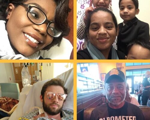Four-photo collage showing smiling adults and children in selfies, including a man recovering in a hospital bed