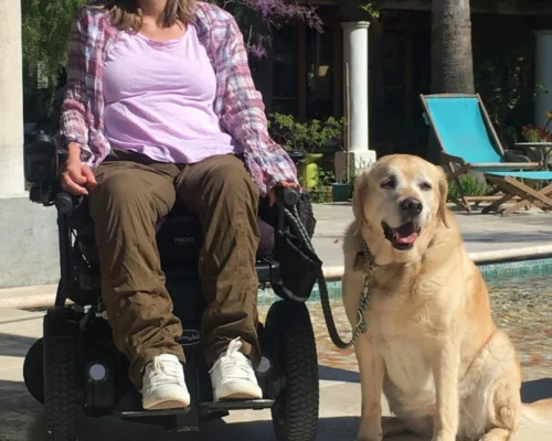 at the pool with her dog