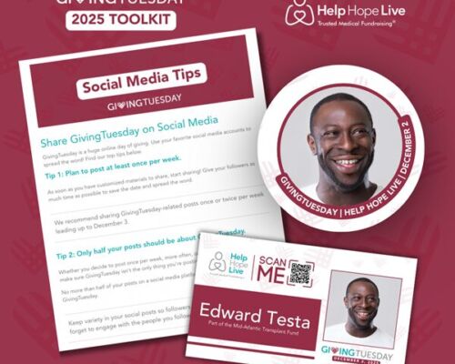 GivingTuesday 2025 Toolkit social media tips featuring Help Hope Live ambassador Edward Testa and a scan-to-learn-more ID card