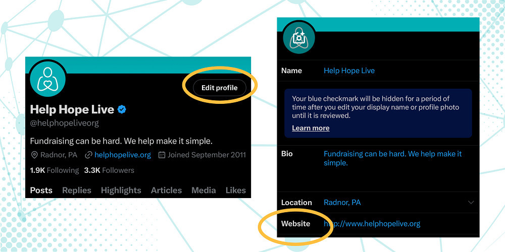 Screenshot of an X bio with Edit Profile circled. Screenshot circling the Website option on an X bio.