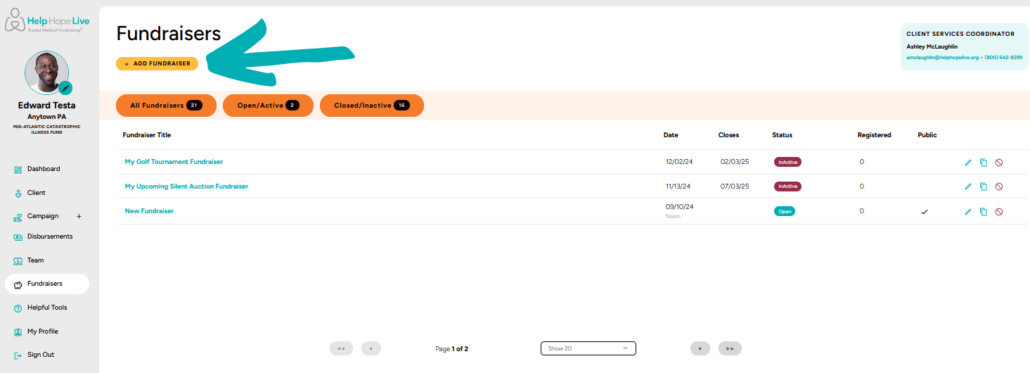 Help Hope Live client portal on desktop - Fundraisers page with an arrow pointing to the gold Add Fundraiser button.