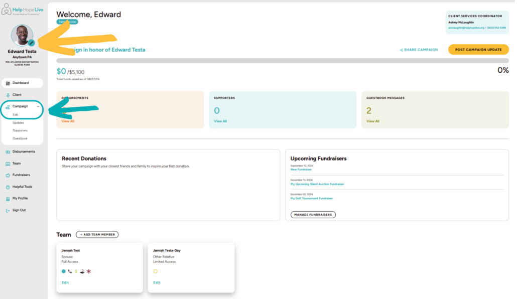 The Dashboard view at clients.helphopelive.org with an arrow indicating where to find the pencil icon to edit your Campaign Page and the Campaign dropdown menu.
