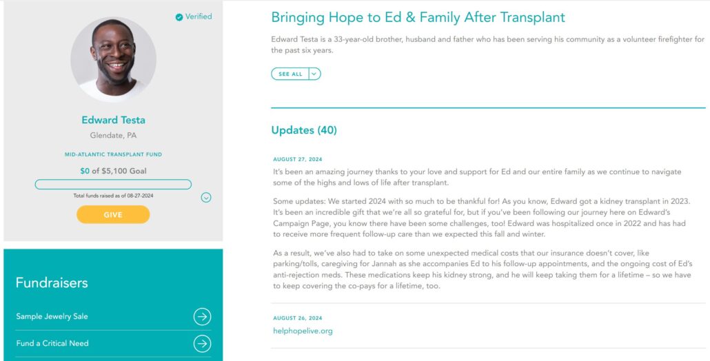Screenshot of a sample live Campaign Page for Edward Testa with Fundraisers, a headline about his transplant, and Updates from 2024 along with a profile picture.