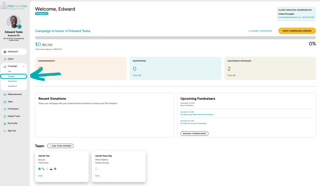 Help Hope Live client portal on desktop - arrow points to the Updates option under Campaign in the menu.