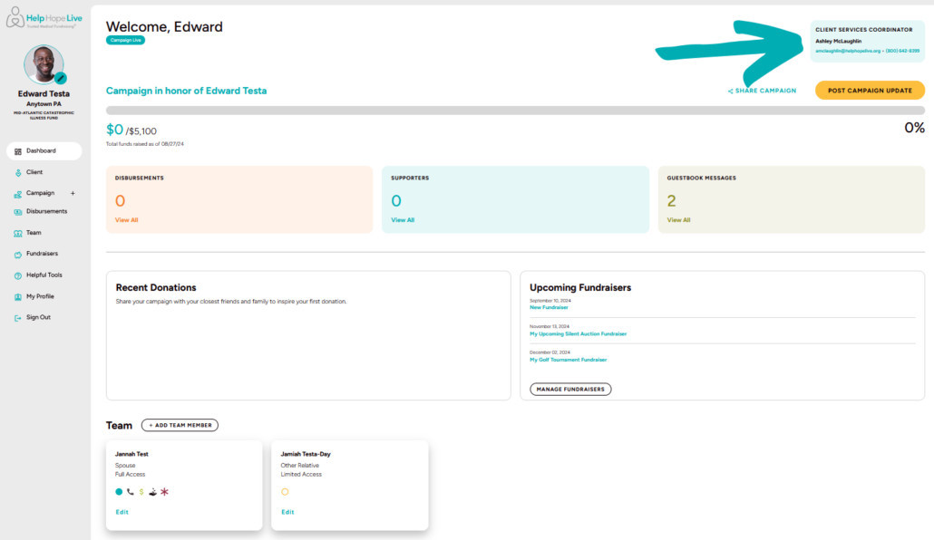 The Dashboard view at clients.helphopelive.org with an arrow indicating where to find phone number, email, and name for Client Services Coordinator at the upper right corner