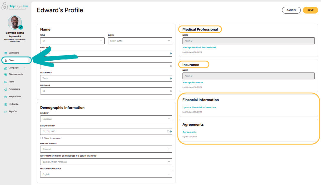 Help Hope Live client portal on desktop - arrow points to Client menu option with highlights on the Profile page for Medical Professional, Insurance, Financial Information, and Agreements.