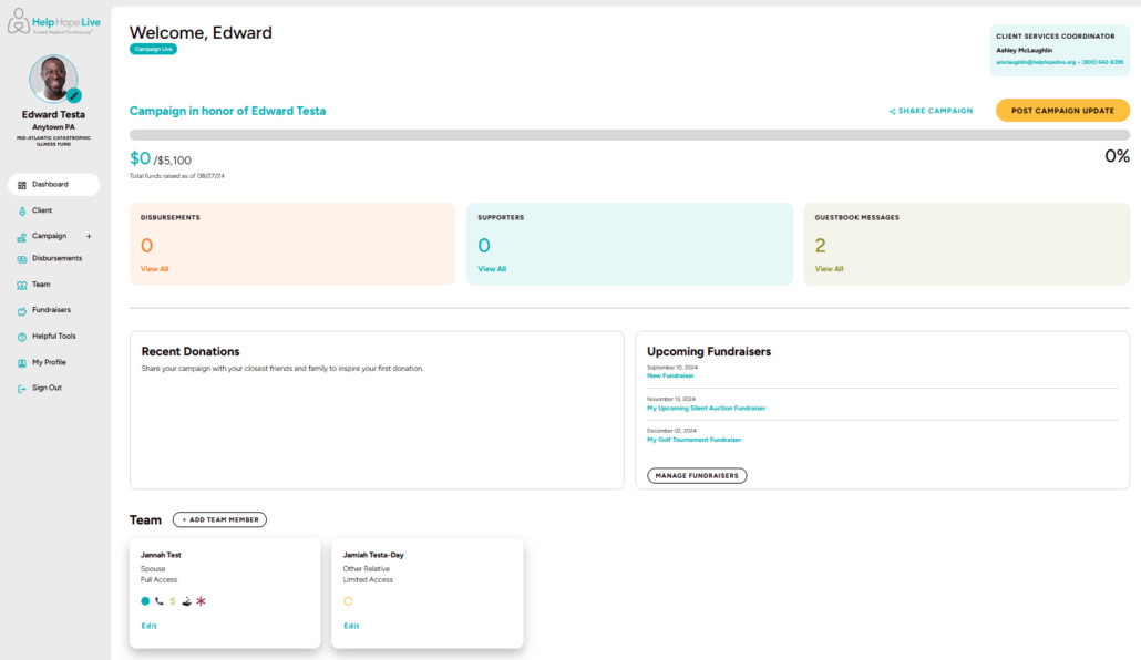 The Dashboard view at clients.helphopelive.org