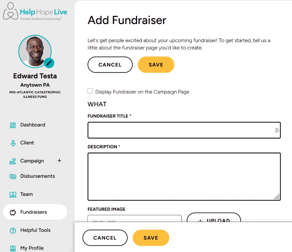 Help Hope Live client portal on desktop - Add Fundraiser page on the Fundraisers menu.