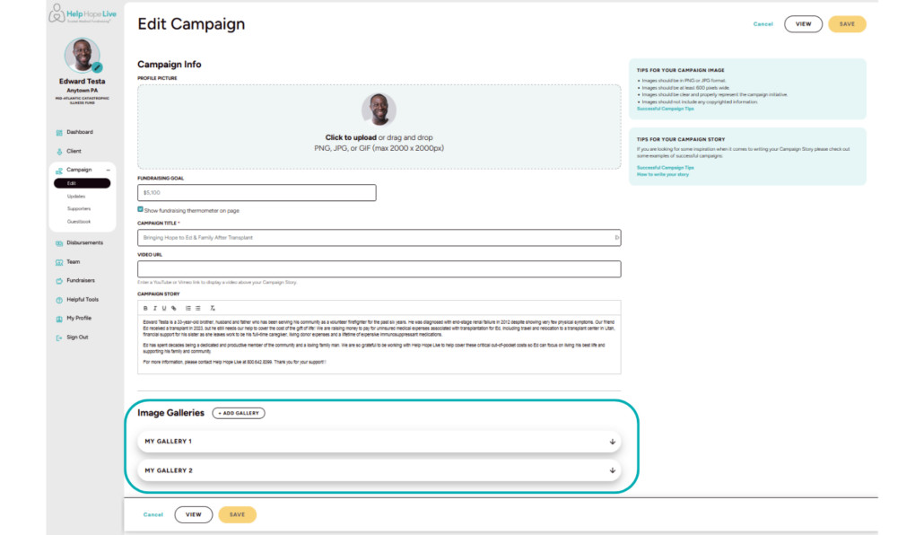 The Image Galleries option in the Campaign/Edit menu at clients.helphopelive.org