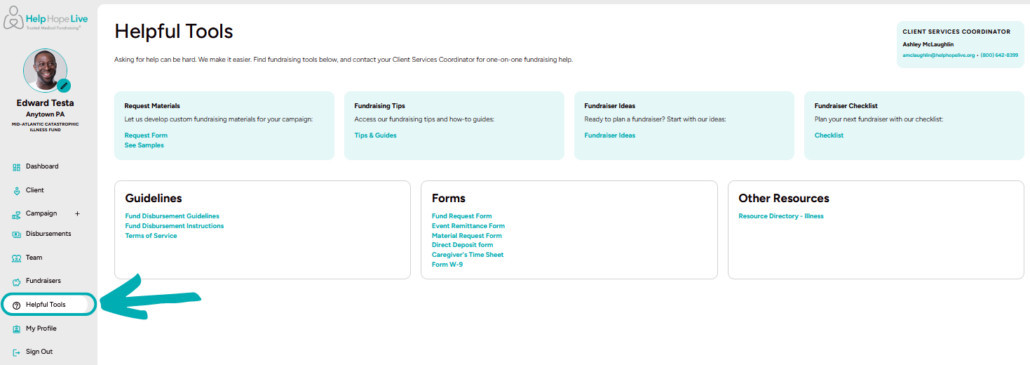 Help Hope Live client portal on desktop - arrow points to Helpful Tools menu option with screenshot of Helpful Tools page.