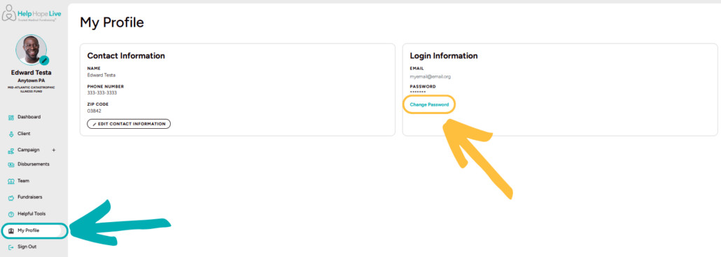 Help Hope Live client portal on desktop - arrows point to the My Profile menu option and the Change Password option on the My Profile page.