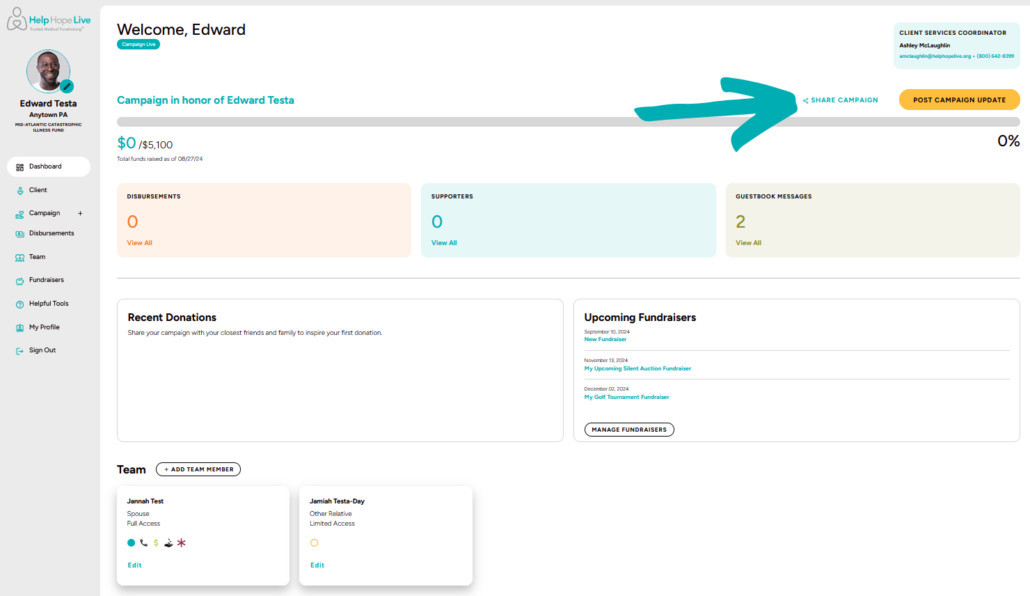 Help Hope Live client portal on desktop - arrow points to the Share Campaign option at the upper right on the Dashboard page.