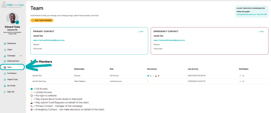 Help Hope Live client portal on desktop - Team menu option is highlighted with screenshot of the Team page to add and manage team members and their permissions.