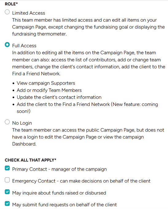 A screenshot of the role options available to Help Hope Live fundraising team members, including Limited Access, Full Access, No Login, Primary Contact, Emergency Contact, and more.