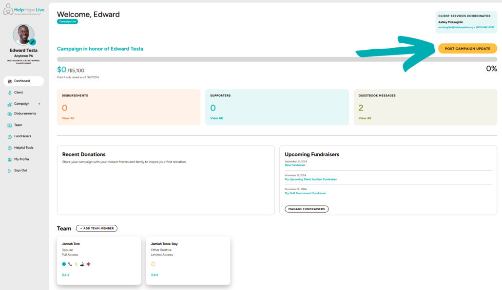 An arrow shows where you can Post Campaign Update using a yellow button at the upper-right of the Help Hope Live Dashboard.
