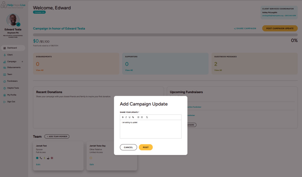 Help Hope Live client portal on desktop - popup to Add Campaign Update with room for text, formatting options, and a gold Post button.