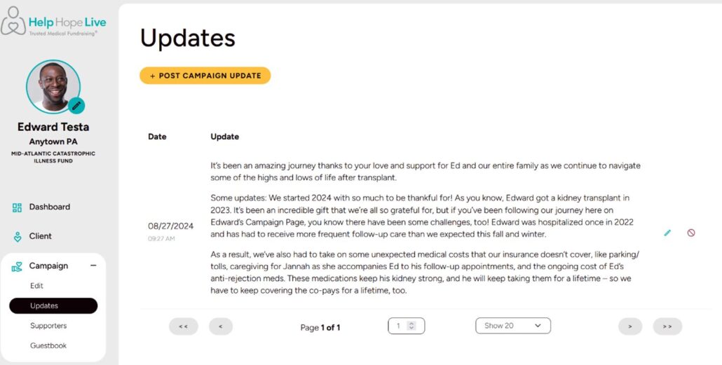 Help Hope Live client portal on desktop - the Updates page under the Campaign menu.