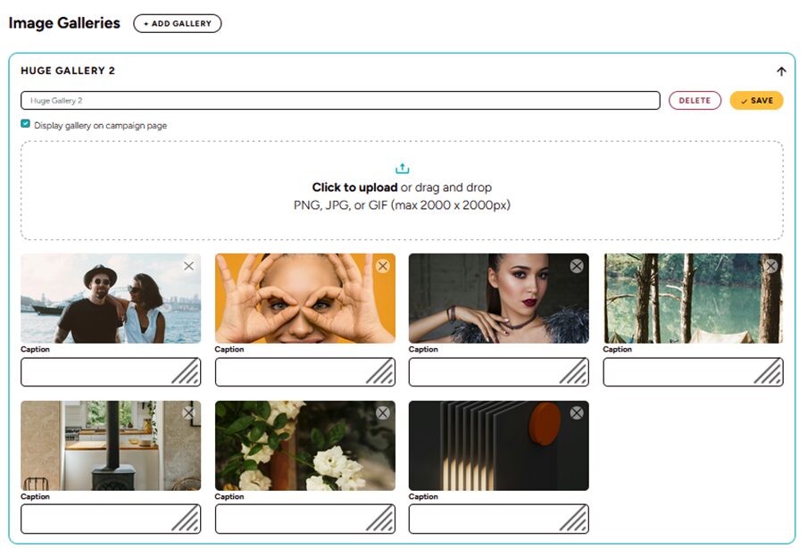 Sample Image Galleries on a Help Hope Live Campaign Page with the option to delete, save, or upload and add captions.