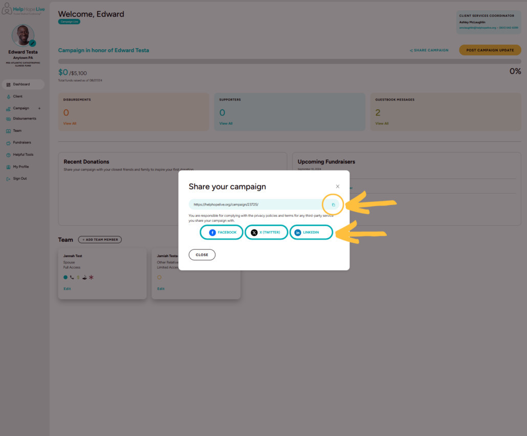 Help Hope Live client portal on desktop - popup to Share Your Campaign with option to copy the URL link or share to Facebook, X Twitter, or LinkedIn.