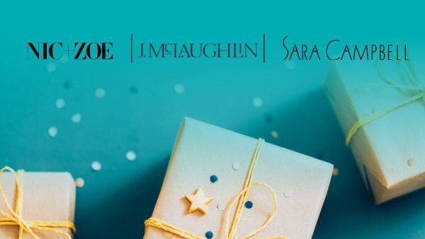 A graphic with wrapped gifts and logos for Nic+Zoe, J. McLaughlin, and Sara Campbell.
