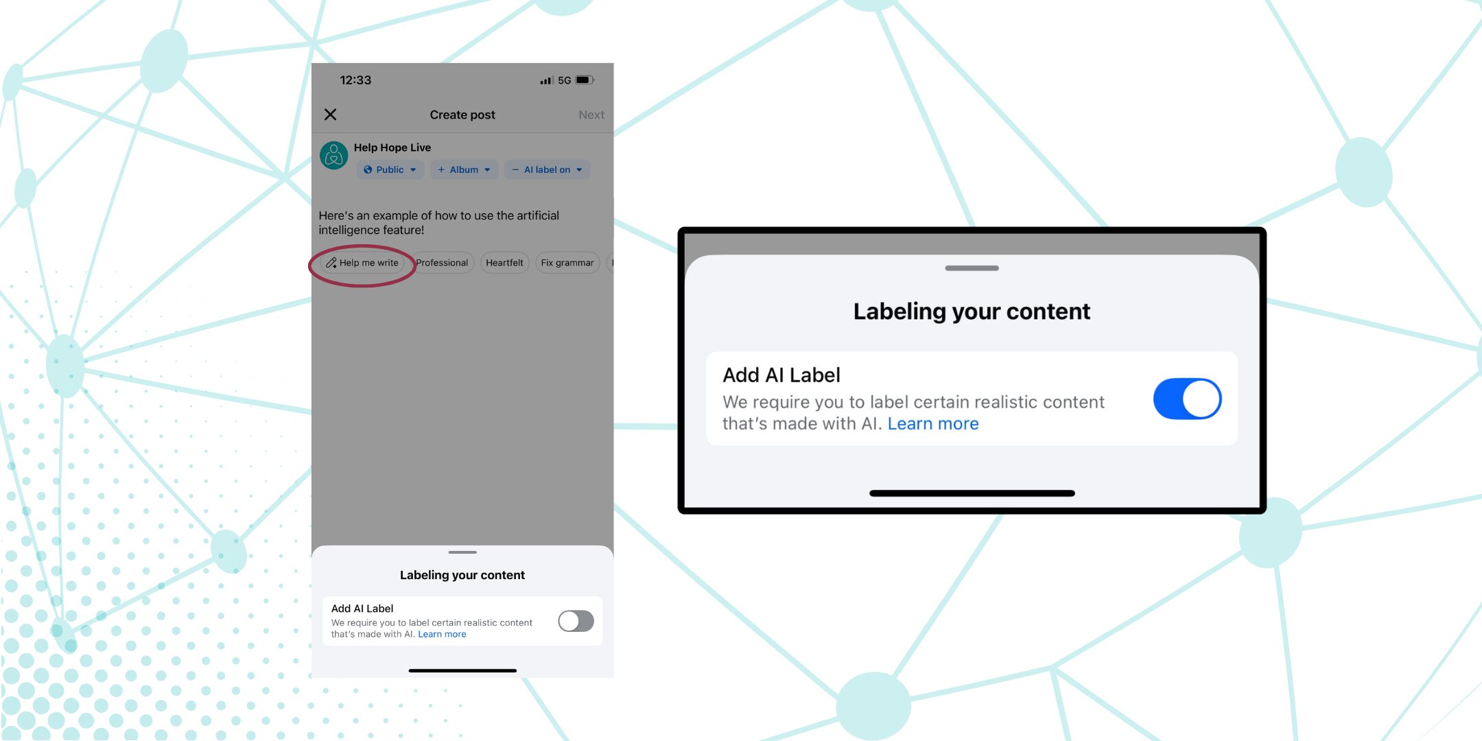 Screenshot of Facebook post drafting on mobile with option to 