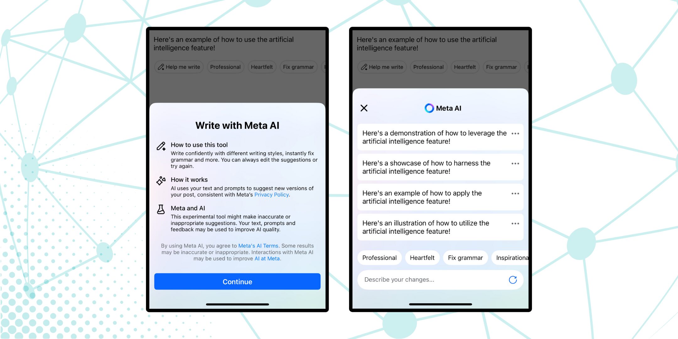 Screenshot of the option to Write with Meta AI in Facebook mobile and enter a prompt to receive post variation suggestions.