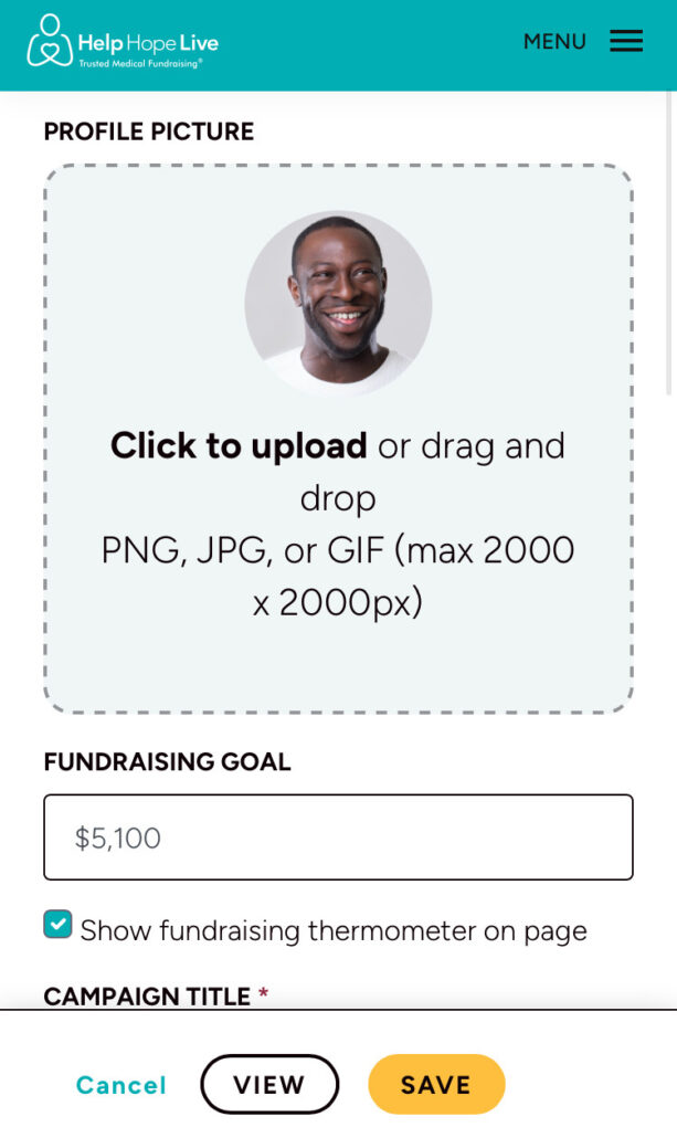 Help Hope Live client portal on mobile device -option to upload a profile picture and set a fundraising goal.