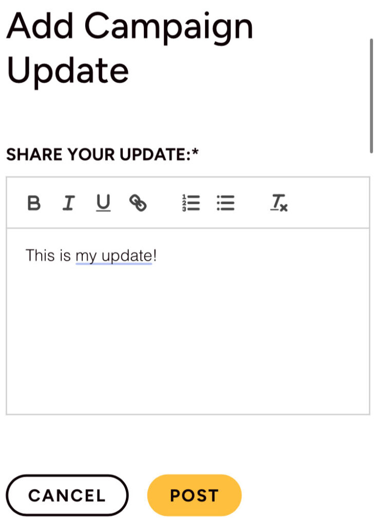 Help Hope Live client portal on mobile device -Add a Campaign Update box.