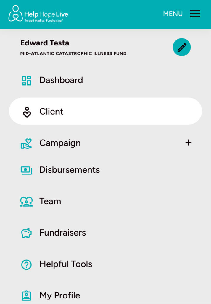 Help Hope Live client portal on mobile device - menu has the Client option selected.