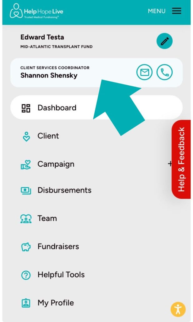 Help Hope Live client portal on mobile device - menu with Dashboard option selected.