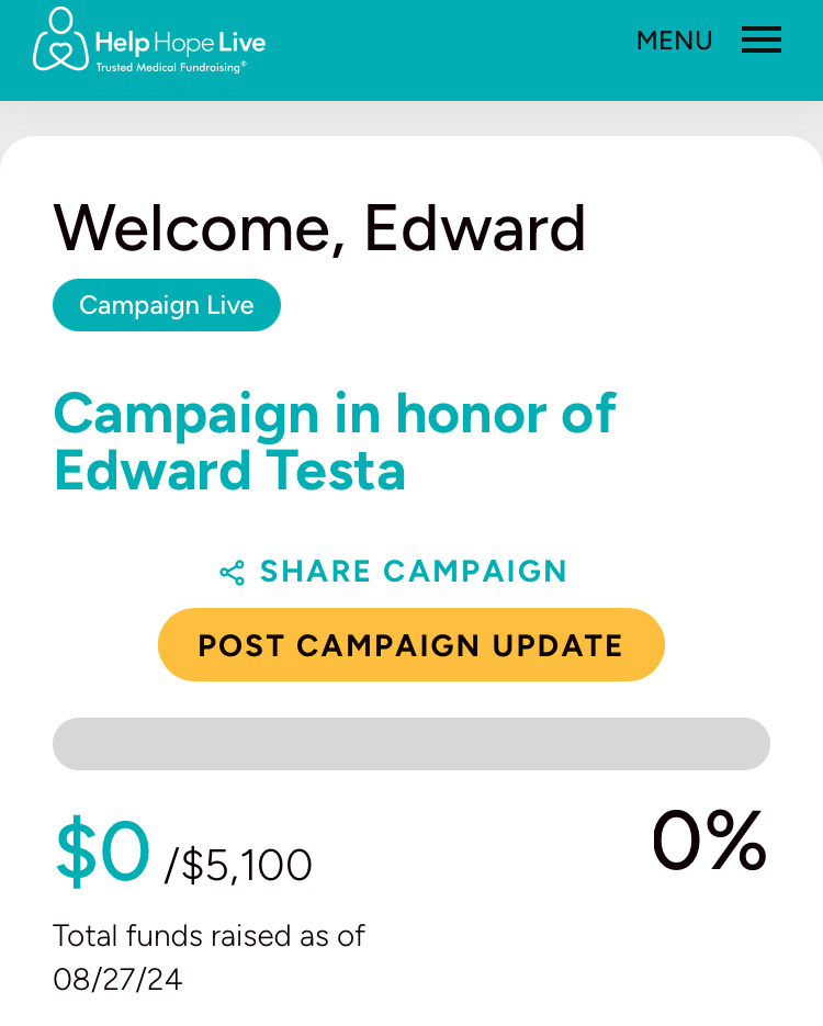 Help Hope Live client portal on mobile device -view of Dashboard with options to share campaign, post campaign update, and view funds raised.