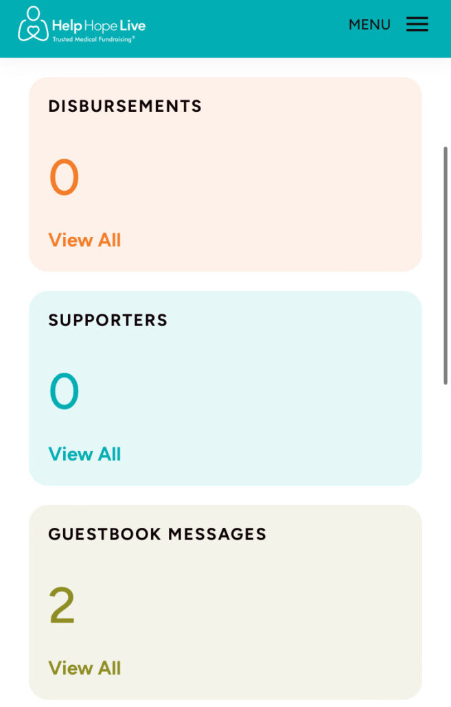 Help Hope Live client portal on mobile device - Dashboard with Disbursements, Supporters, and Guestbook Messages counts.