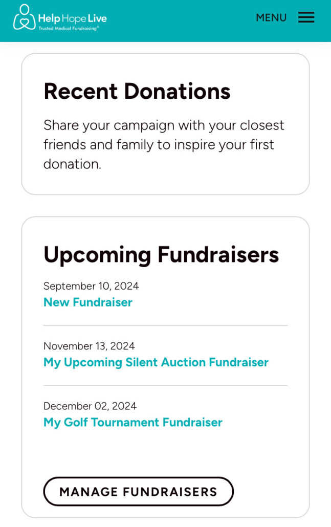 Help Hope Live client portal on mobile device - Recent Donations and Upcoming Fundraisers visible from dashboard.