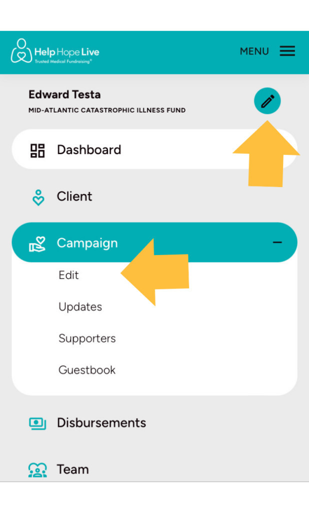 Help Hope Live client portal on mobile device -menu with Campaign selected.
