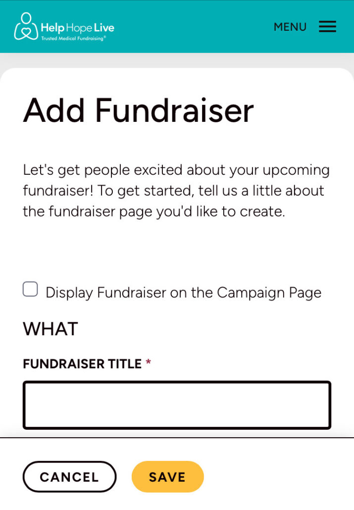 Help Hope Live client portal on mobile device - Add Fundraiser page.