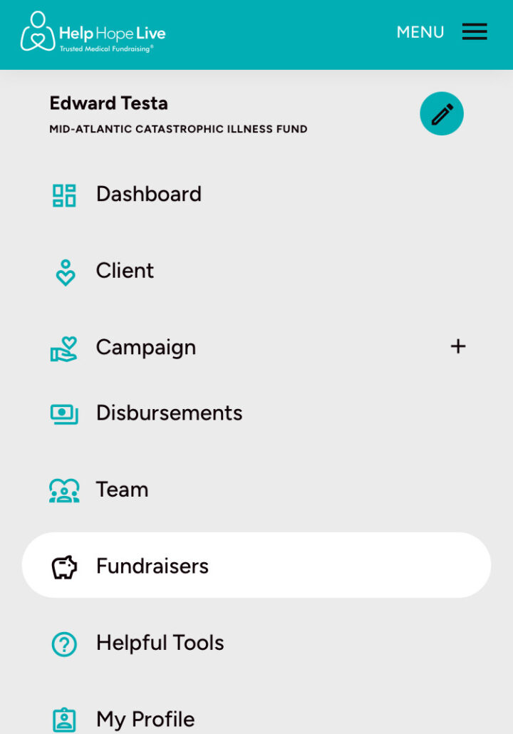 Help Hope Live client portal on mobile device - Fundraisers option selected on the menu.