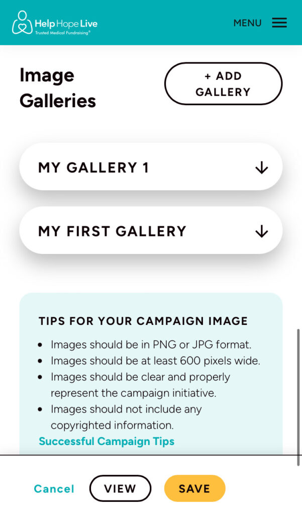 Help Hope Live client portal on mobile device - Image Galleries page.
