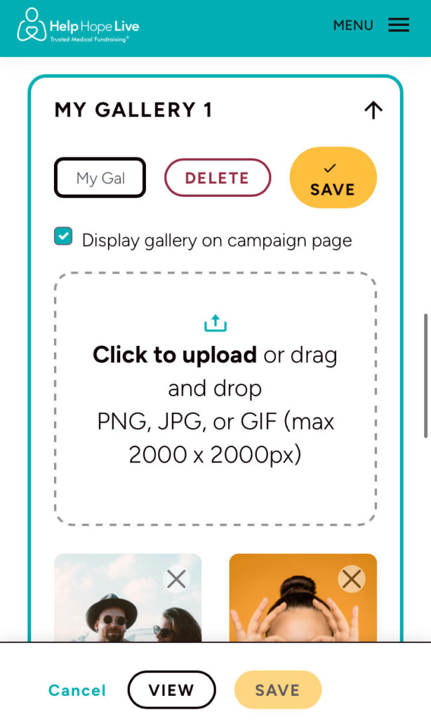 Help Hope Live client portal on mobile device - photo galleries with option to Delete, Save, upload, and display.