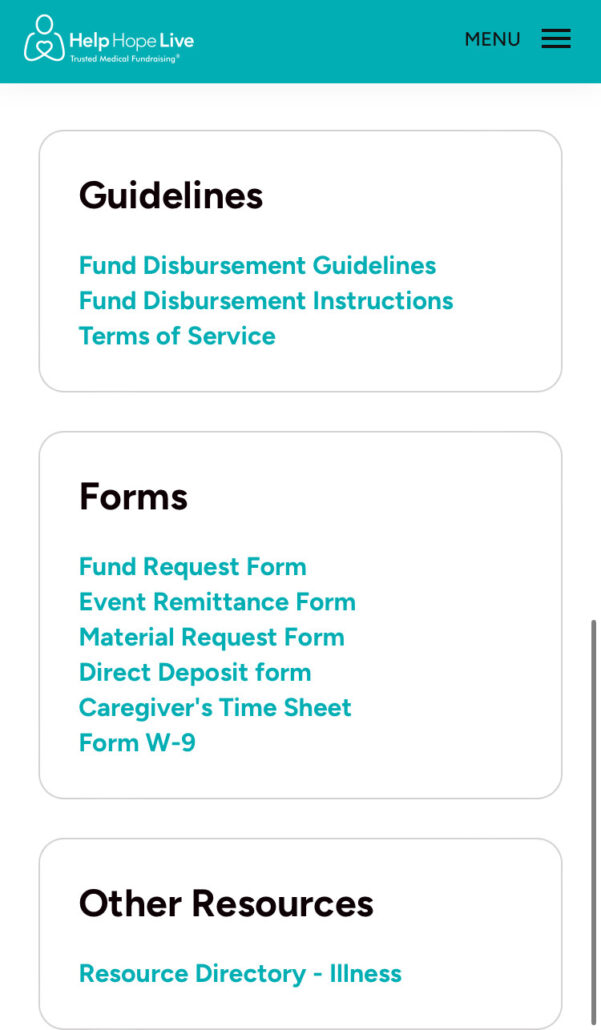 Help Hope Live client portal on mobile device - the Helpful Tools page has sections for Guidelines, Forms, and Other Resources with links listed.