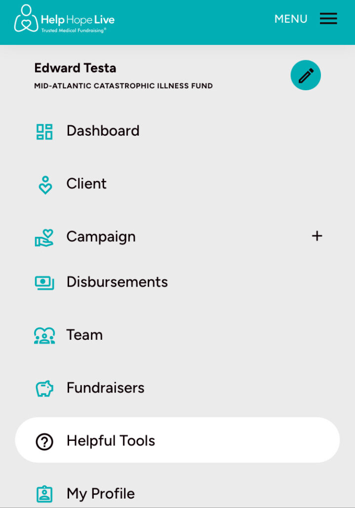 Help Hope Live client portal on mobile device - menu has the Helpful Tools option selected.