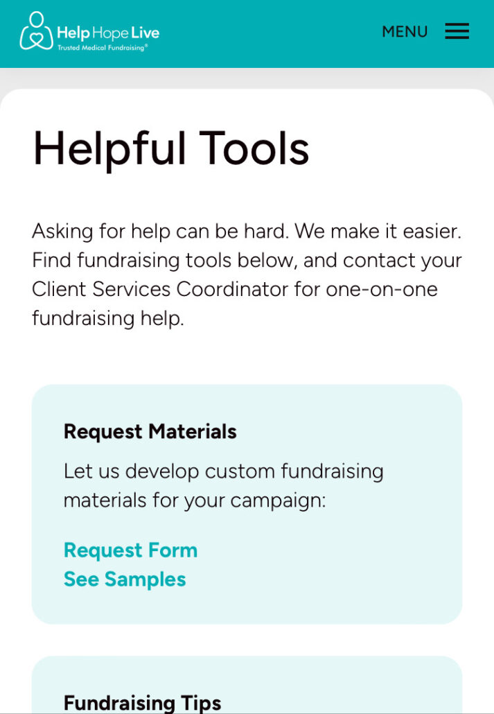 Help Hope Live client portal on mobile device - Helpful Tools page.