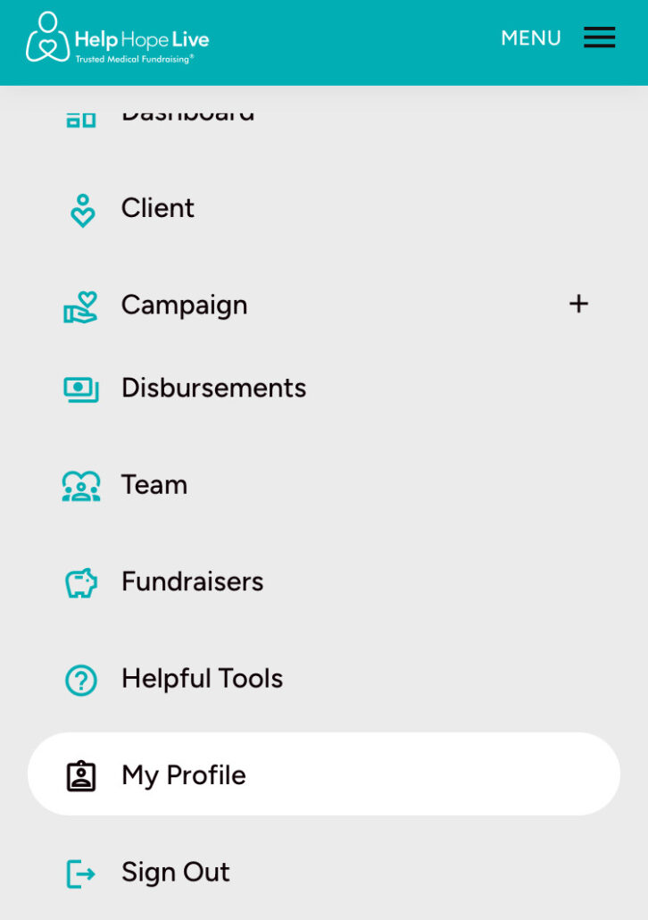 Help Hope Live client portal on mobile device - menu has My Profile selected.