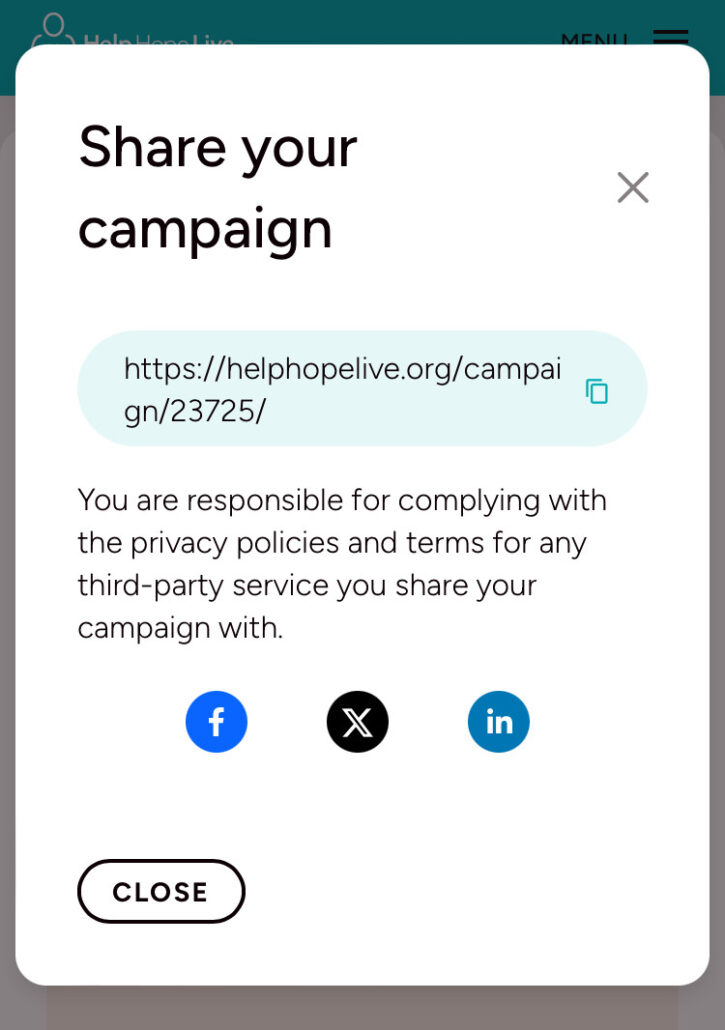 Help Hope Live client portal on mobile device - screenshot of the Share Your Campaign popup with an option to copy the URL or share to Facebook, X, or LinkedIn.