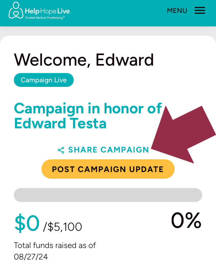 Help Hope Live client portal on mobile device - Dashboard view with option to share, post an update, and see the fundraising thermometer.