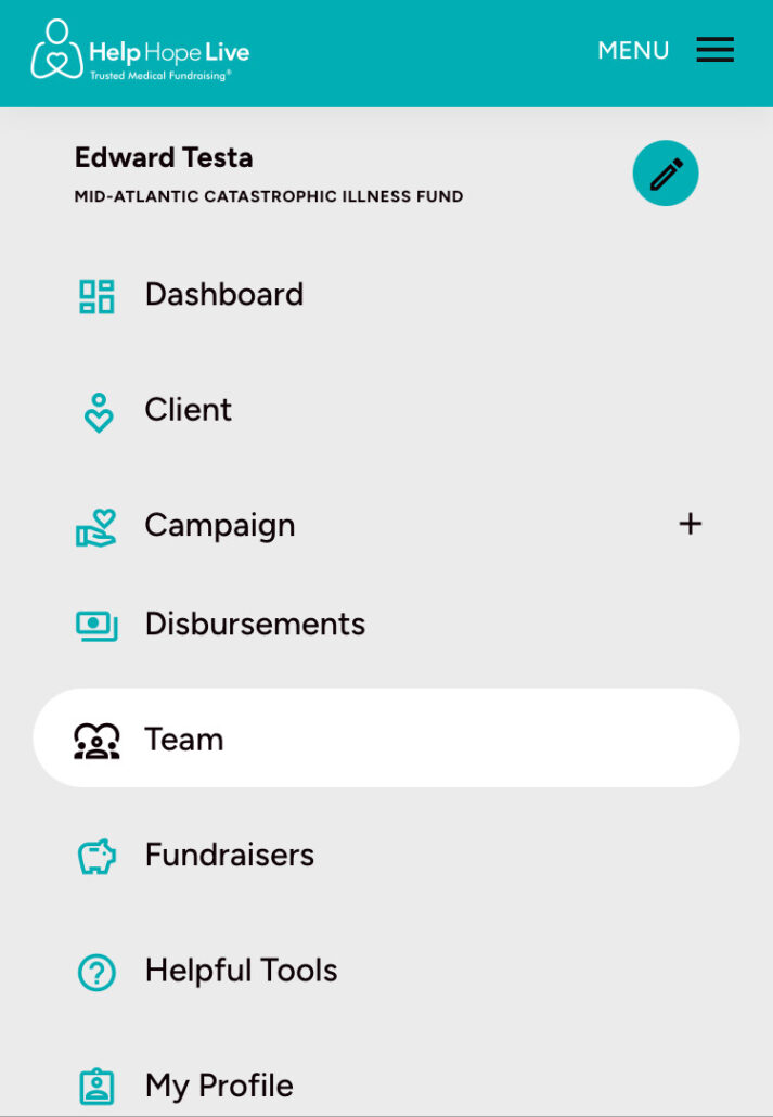 Help Hope Live client portal on mobile device - Team option is selected on the menu.