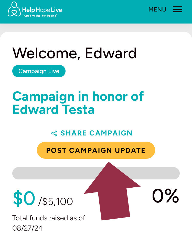 Help Hope Live client portal on mobile device -view of Dashboard with options to share campaign, post campaign update, and view funds raised.