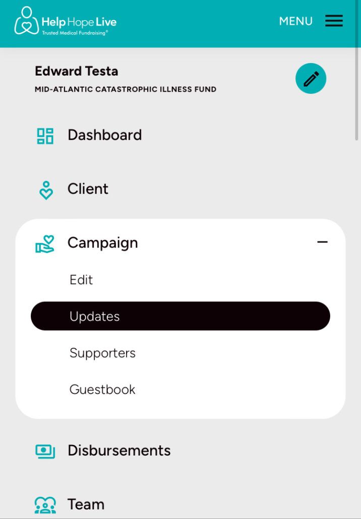 Help Hope Live client portal on mobile device - under the menu, Campaign is selected and then Updates.