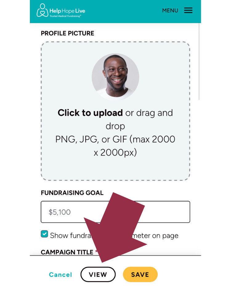 Help Hope Live client portal on mobile device - option to upload a Profile Picture.