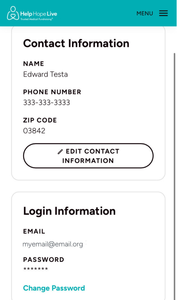A screenshot of the mobile view of the Contact Information option for Help Hope Live clients to edit name, phone number, zip code, and login credentials.